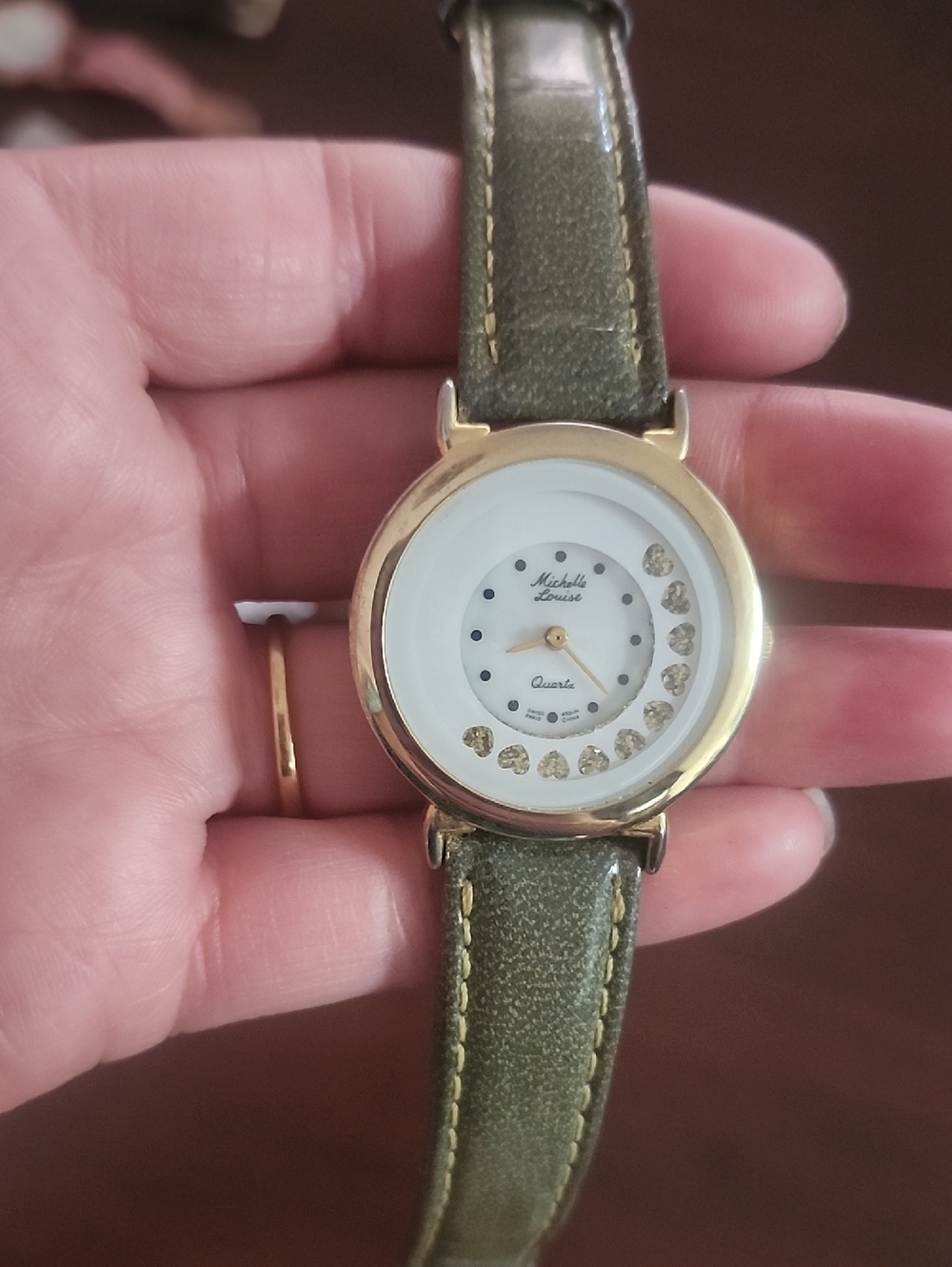 Michele Gold-Tone Watch with Olive Green Leather Strap